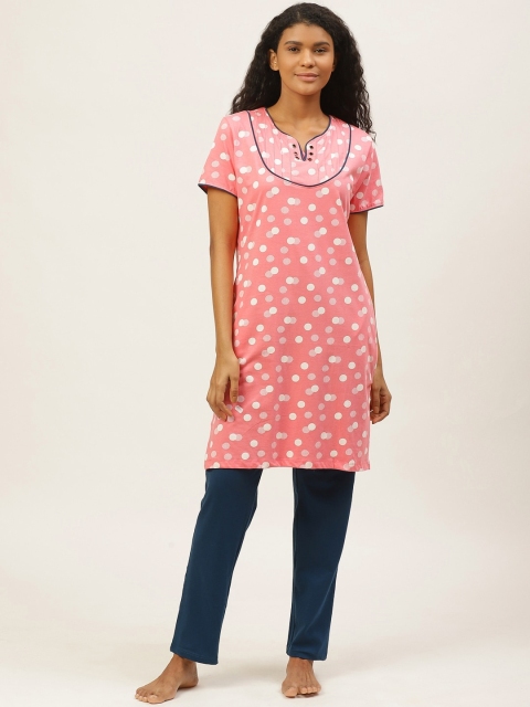 

Sweet Dreams Women Pink & Navy Blue Polka Dots Print Kurta Night suit