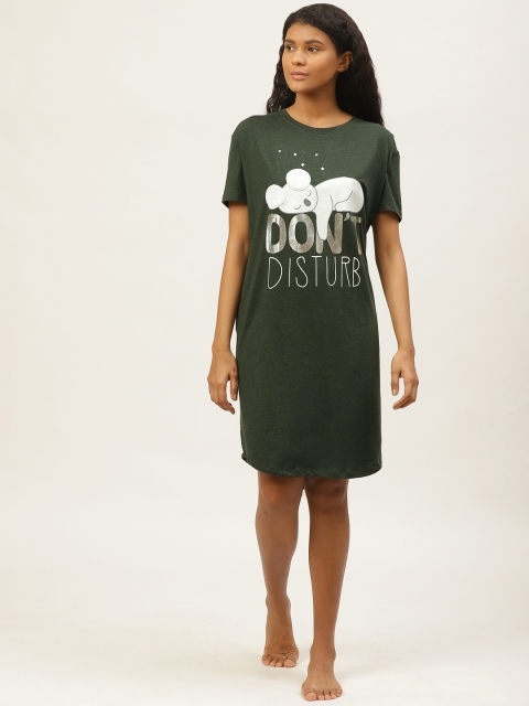 

Sweet Dreams Olive Green & White Printed Nightdress