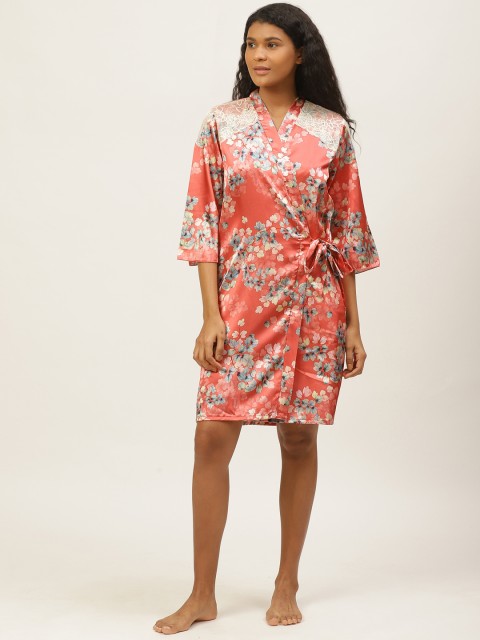 

Sweet Dreams Coral Orange & Cream-Coloured Satin Asymmetric Nightdress & Floral Print Robe