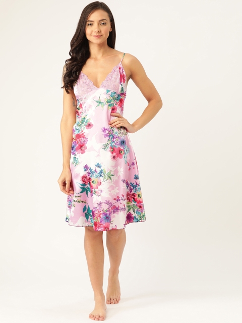 

Sweet Dreams Pink & Blue Floral Printed Satin Finish Nightdress