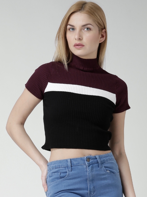 

FOREVER 21 Black Colourblocked Self-Striped Crop Top, Burgundy