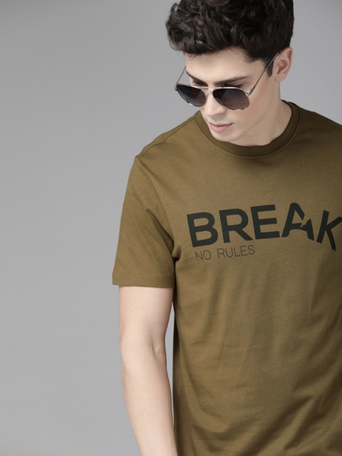 Men Brown Printed Round Neck Pure Cotton T-shirt