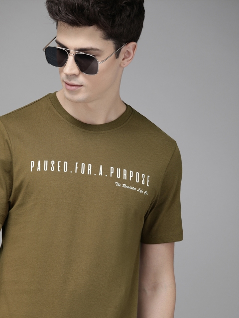 

Roadster Men Olive Brown Printed Round Neck T-shirt