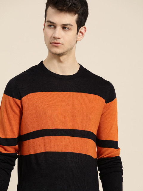 

INVICTUS Men Navy Blue & Orange Striped Acrylic Pullover