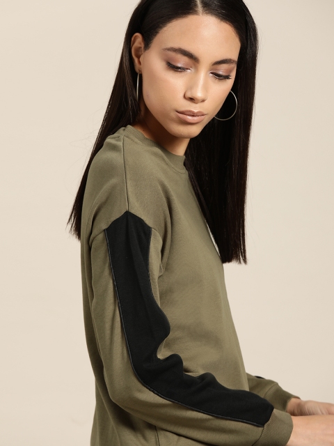 

her by invictus Women Olive Green & Black Solid Sweatshirt