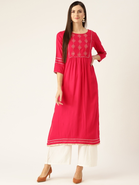 Women Fuchsia & Silver Zari Embroidered Yoke Design A-Line Kurta