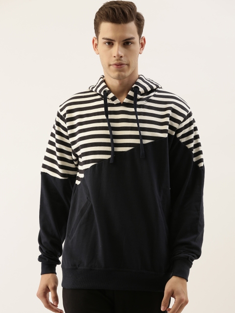 

Campus Sutra Men White & Navy Blue Colourblocked Hooded Sweatshirt