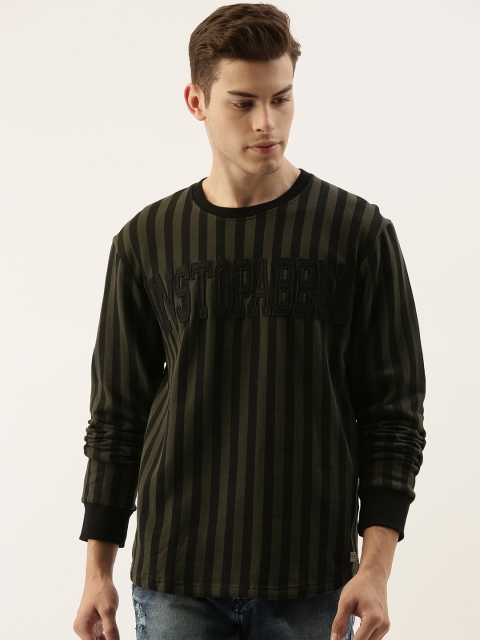 

Campus Sutra Men Olive Green & Black Striped Sweatshirt