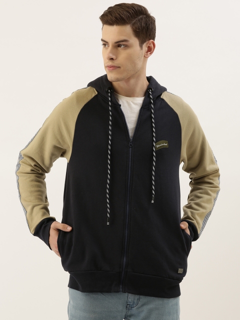 

Campus Sutra Men Blue & Olive Green Colourblocked Hooded Sweatshirt