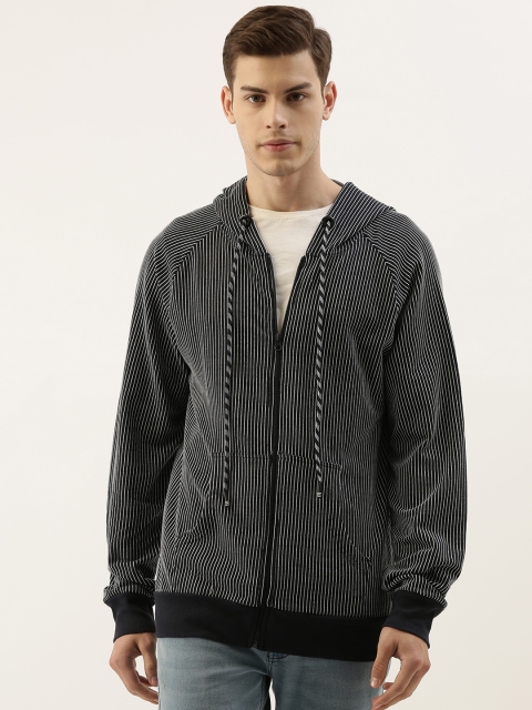 

Campus Sutra Men Blue & White Striped Hooded Sweatshirt