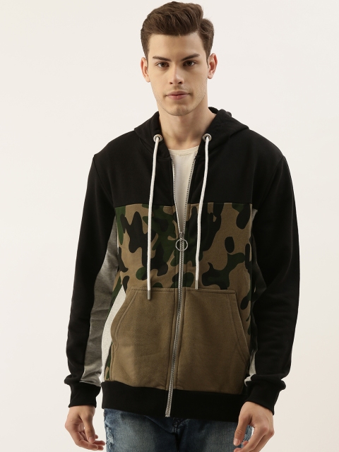 

Campus Sutra Men Navy Blue & Brown Colourblocked Hooded Sweatshirt