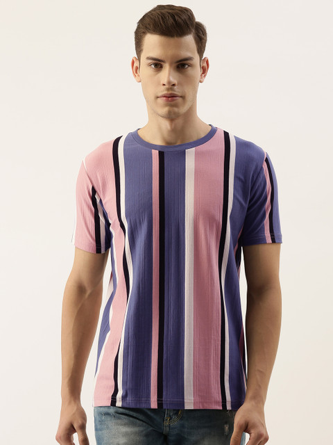 

Campus Sutra Men Blue Striped Round Neck T-shirt