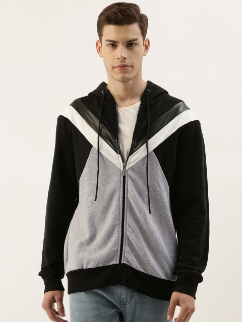 

Campus Sutra Men Black & Grey Colourblocked Hooded Sweatshirt