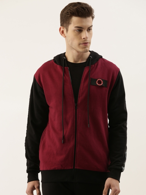 

Campus Sutra Men Maroon & Black Colourblocked Hooded Sweatshirt