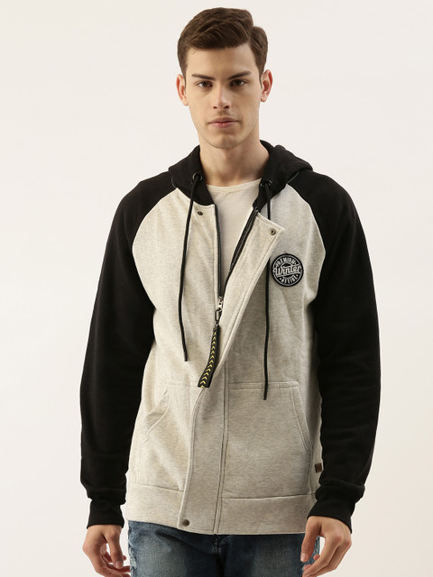 

Campus Sutra Men Off-White & Black Solid Hooded Sweatshirt