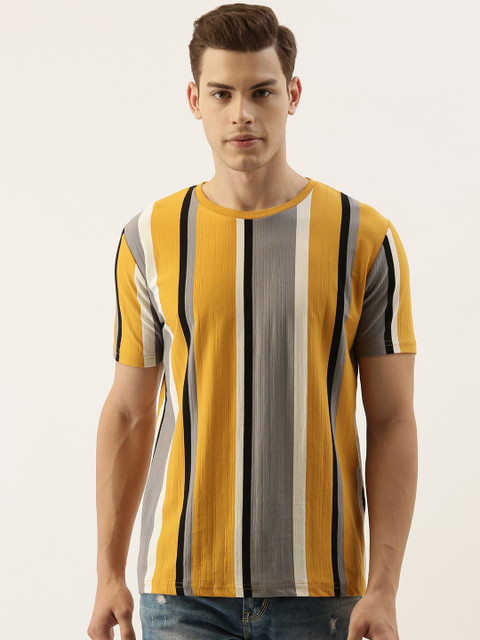 

Campus Sutra Men Yellow Striped Round Neck T-shirt