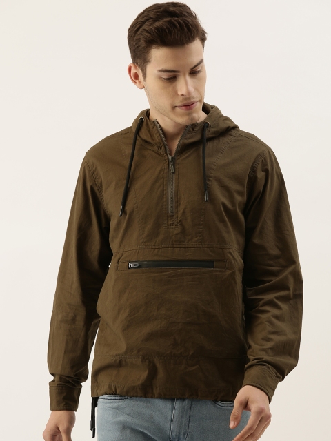 

Campus Sutra Men Olive Green Solid Hooded Sporty Jacket