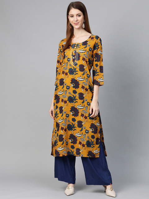 

KSUT Women Mustard Yellow & Navy Blue Printed Straight Kurta