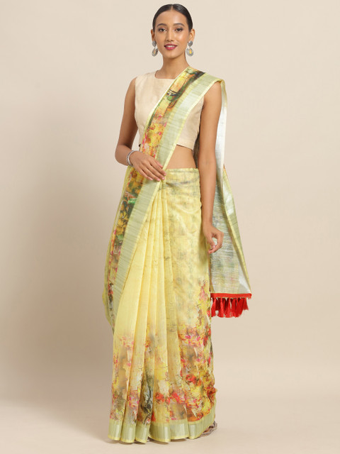 

VASTRANAND Yellow & Green Linen Blend Printed Saree