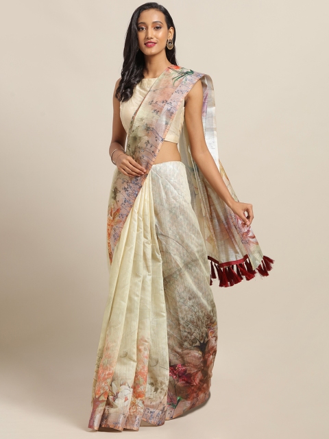 

VASTRANAND Multicoloured Linen Blend Floral Printed Khadi Saree, Multi