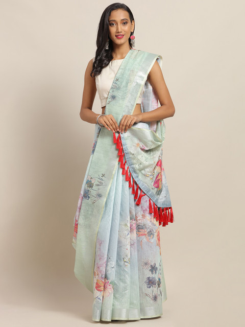 

VASTRANAND Blue & Pink Linen Blend Digital Floral Printed Khadi Saree
