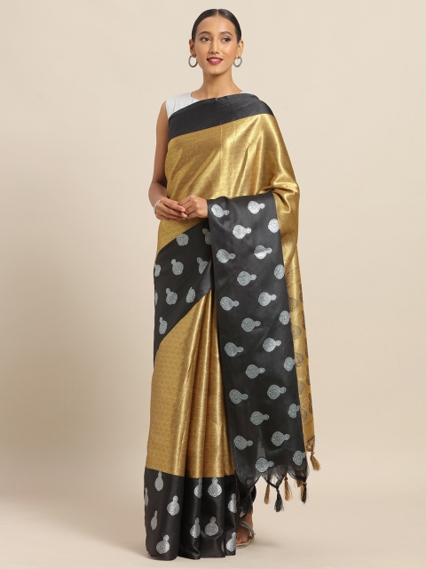 

VASTRANAND Gold-Toned & Black Silk Blend Woven Design Kanjeevaram Saree