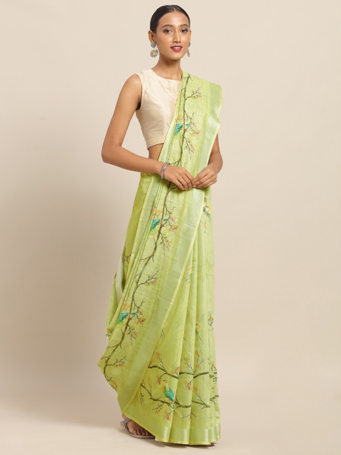 

VASTRANAND Green Printed Linen Blend Saree