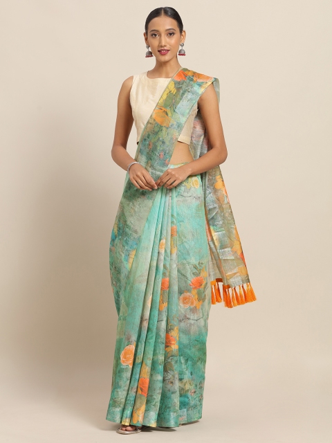 

VASTRANAND Green & Orange Linen Blend Printed Khadi Saree