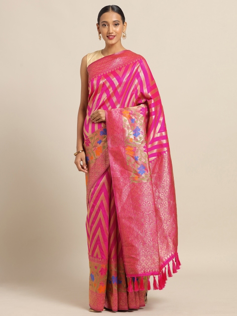 

VASTRANAND Pink & Golden Silk Cotton Woven Design Kanjeevaram Saree