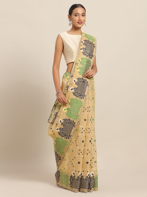 

VASTRANAND Beige & Green Silk Cotton Printed Jamdani Saree