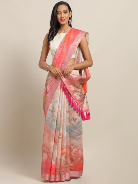 

VASTRANAND Pink & Blue Linen Blend Digital Floral Printed Khadi Saree