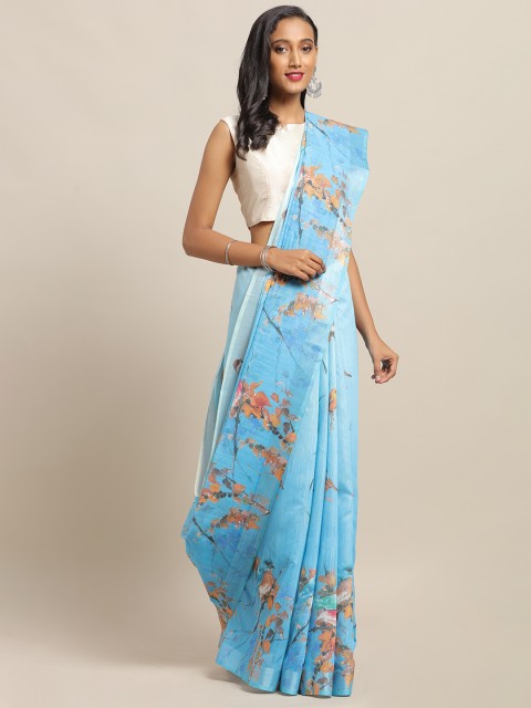 

VASTRANAND Blue & Orange Linen Blend Printed Saree with Tassels
