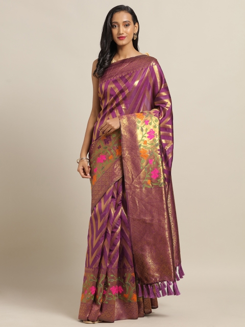 

VASTRANAND Burgundy & Gold-Toned Silk Cotton Woven Design Banarasi Saree