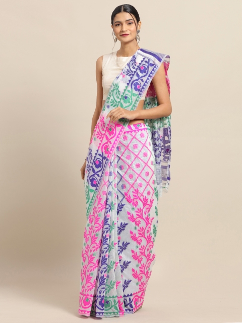 

VASTRANAND White & Pink Silk Cotton Printed Jamdani Saree