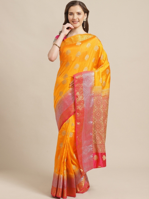 

Shaily Orange & Golden Zari Woven Design Saree