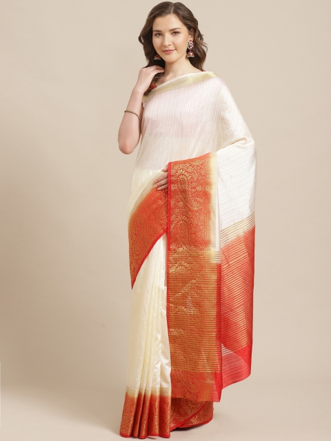 

Shaily Off-White & Red Self Striped Saree
