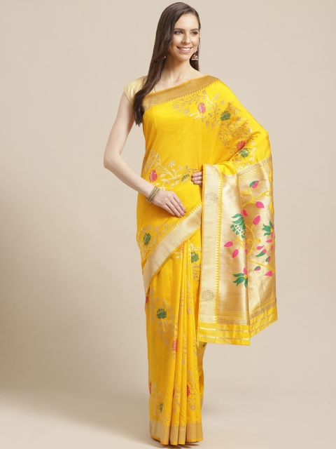 

Shaily Yellow & Pink Zari Woven Design Saree