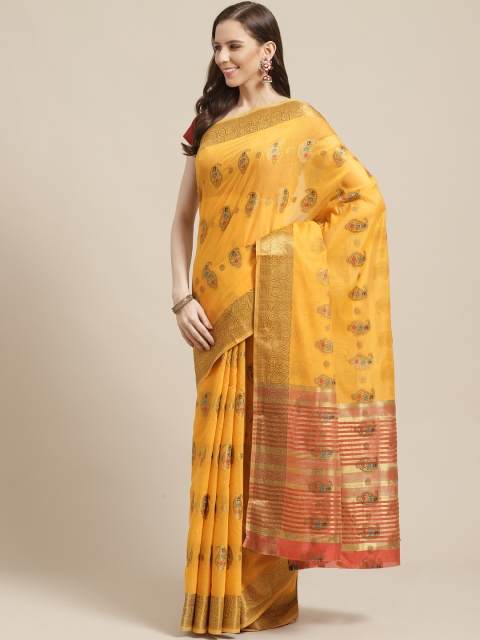 

Shaily Mustard Yellow & Golden Zari Woven Design Saree