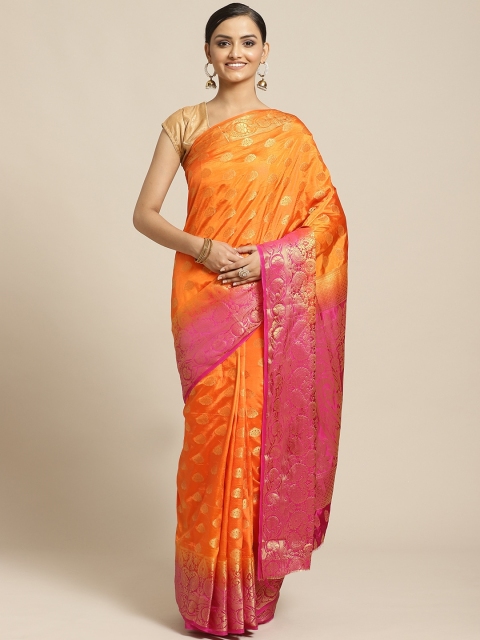 

Shaily Orange & Golden Zari Woven Design Saree