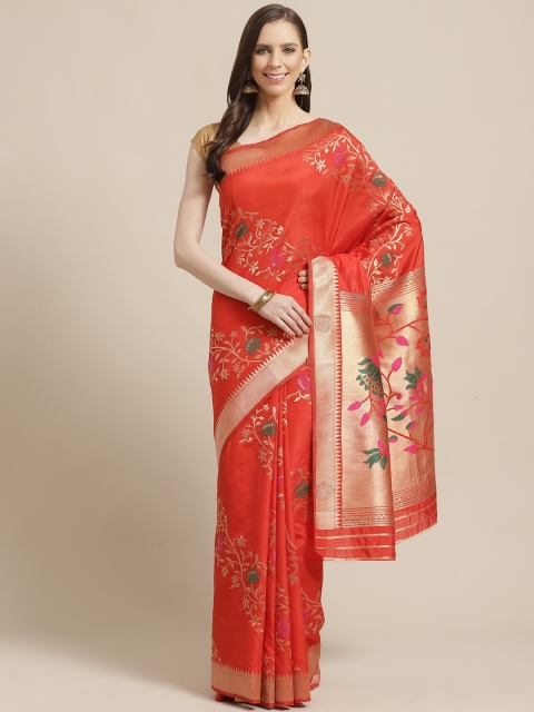 

Shaily Coral Red & Golden Zari Woven Design Saree