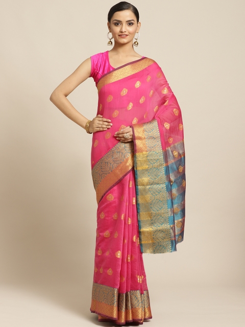 

Shaily Pink & Golden Zari Woven Design Saree