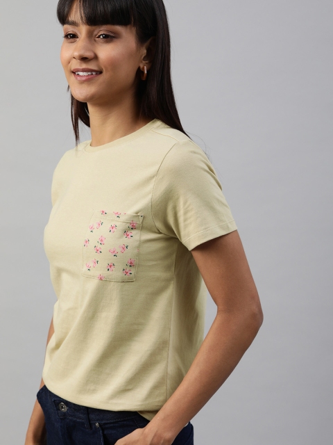 

Mast & Harbour Women Beige Solid Round Neck T-shirt with Printed Detail