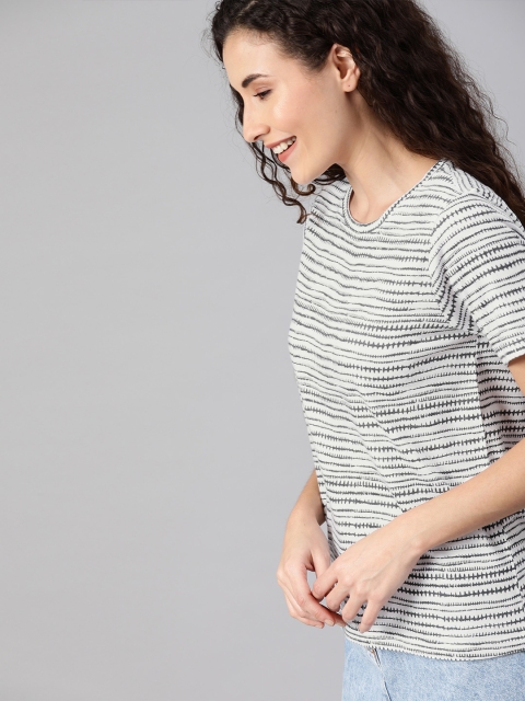 

Mast & Harbour Women White & Grey Striped Round Neck T-shirt