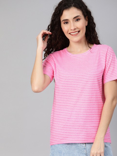 

Mast & Harbour Women Pink & White Striped Round Neck T-shirt