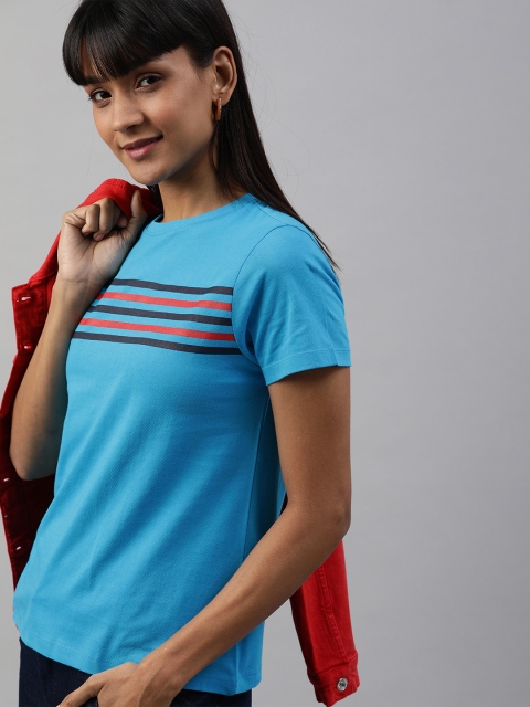 

Mast & Harbour Women Blue Striped Round Neck T-shirt