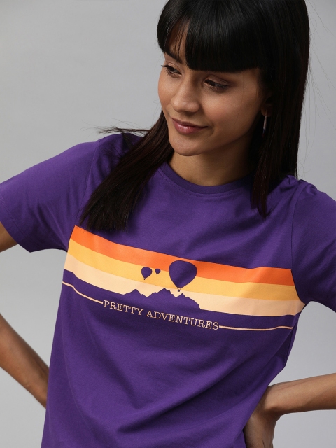 

Mast & Harbour Women Violet Striped Round Neck T-shirt