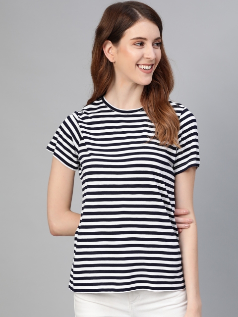 

Mast & Harbour Women Navy Blue & White Striped Round Neck T-shirt