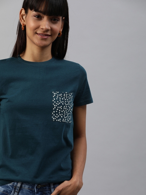 

Mast & Harbour Women Blue Solid Round Neck T-shirt with Printed Detail