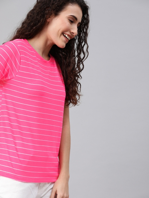 

Mast & Harbour Women Pink & White Striped T-shirt