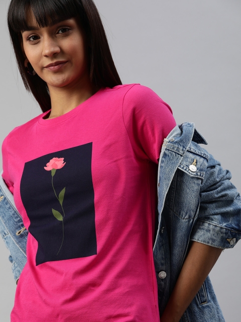 

Mast & Harbour Women Pink & Navy Blue Floral Print Round Neck T-shirt